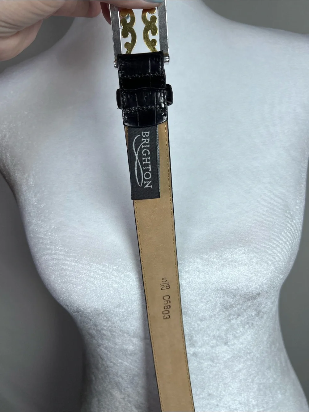 Brighton Women’s Black Croc Mixed Metals Silver & Gold Filagree Buckle Belt